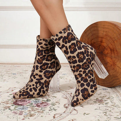 Leopard Print Pointed Toe Chunky Heel Pull On Mid Boots