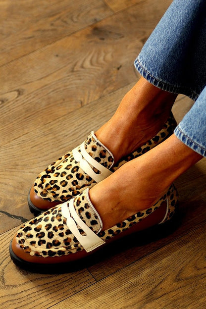 Leopard Print Patchwork Round Toe Brown Loafers [Pre Order]