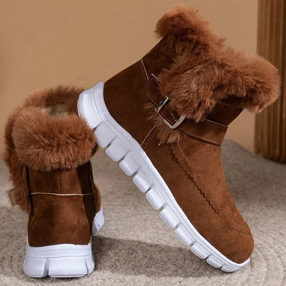 Fluffy Trim Patchwork Strap Buckle Round Toe Snow Boots