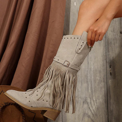 Metallic Studded Fringed Trim Patchwork Zipper Mid Calf Boots