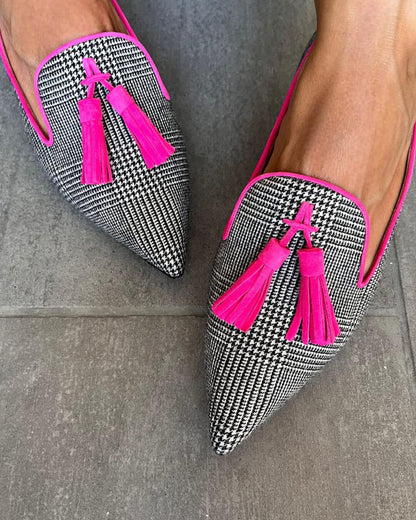 Faux Leather Colorblock Print Tassels Pointy Flats