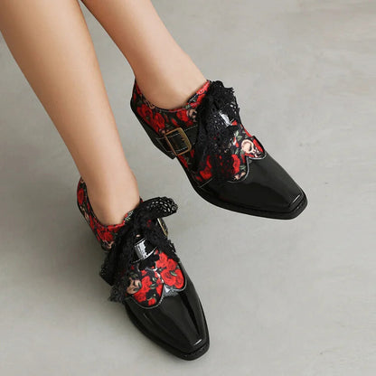 Roses Skull Print Patchwork Tied Up Lace Square Toe Chunky Heel Oxfords