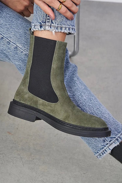 Patchwork Round Toe Low Block Heel Dark Green Ankle Boots [Pre Order]