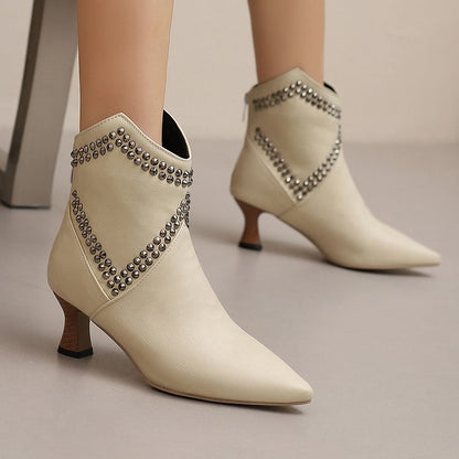 Colorblock Pattern Pointed Toe Rhinestone Decor Ankle Boots