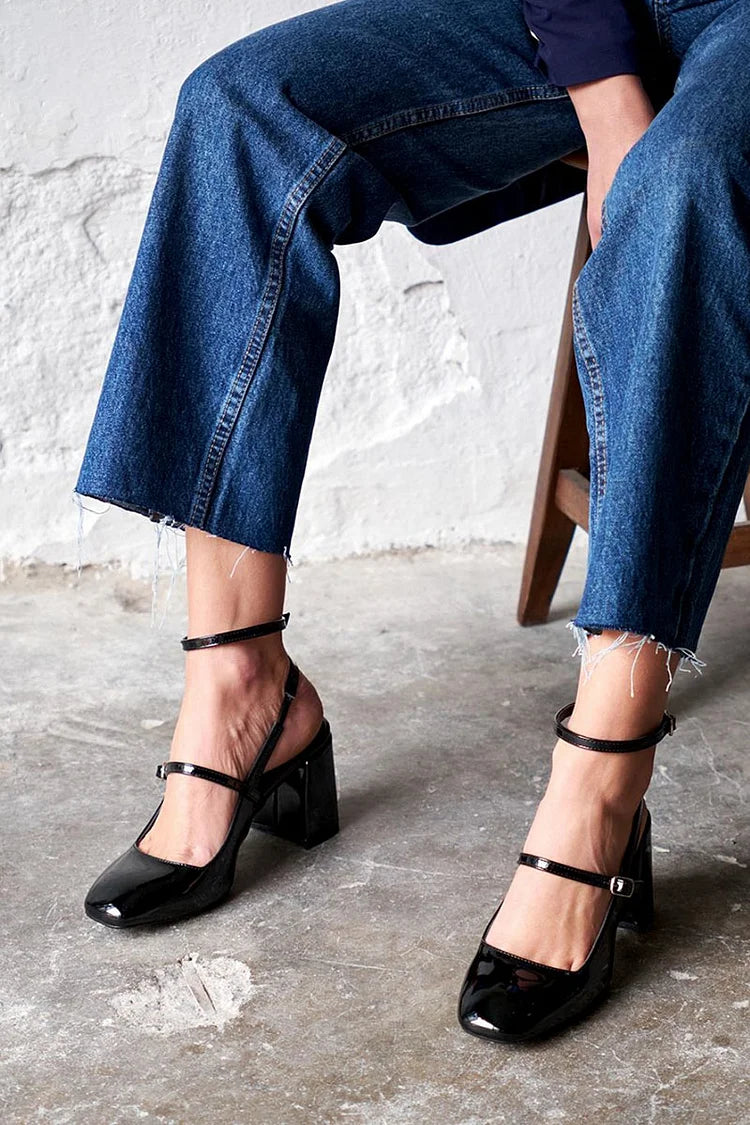 Square Toe Ankle Strap Buckle Plain Black Chunky Heels [Pre Order]