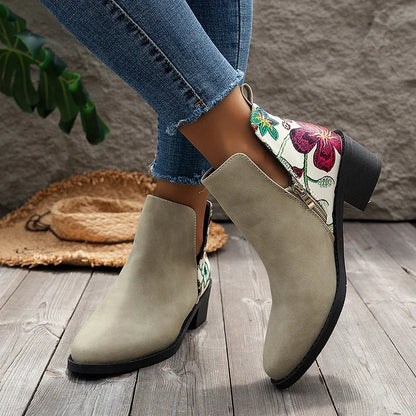 Floral Print Patchwork Zipper Pointed Toe Ankle Boots