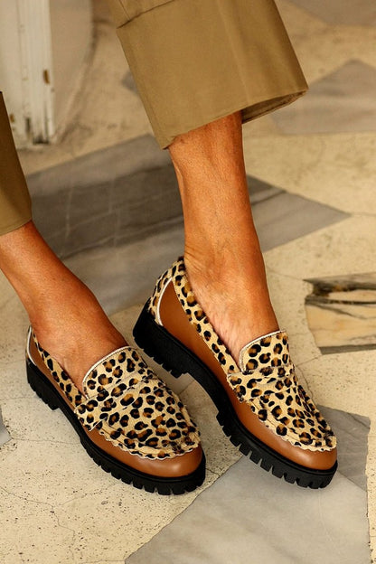 Patchwork Round Toe Leopard Print Brown Loafers [Pre Order]