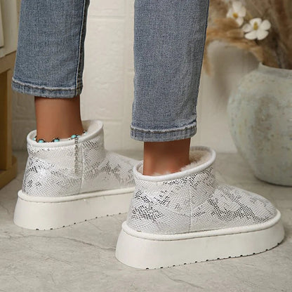 Snake Print Round Toe Faux Fur Lined Low Platform Snow Boots