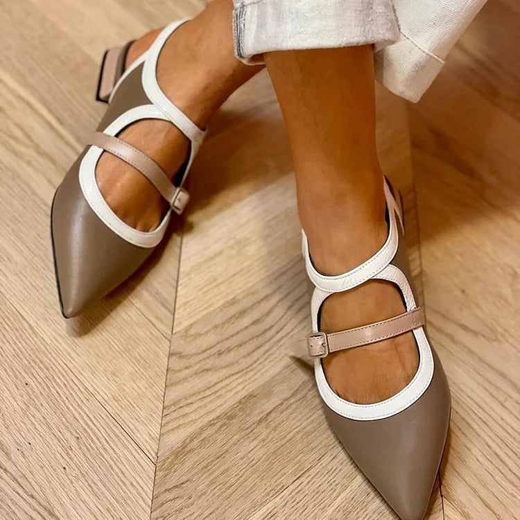 Contrast Binding Instep Strap Pointed Toe Slingback Grey Flats [Pre Order]