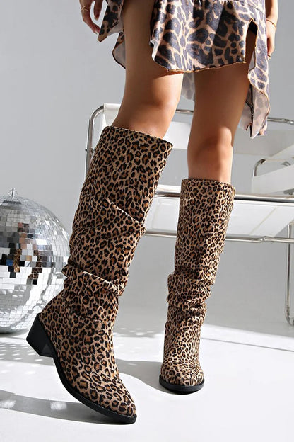 Leopard Print Slouch Pointed Toe Chunky Heel Pull On Knee High Boots