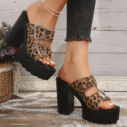 Leopard Print Thick Belt Buckles Decor Peep Toe Platform Chunky Heels