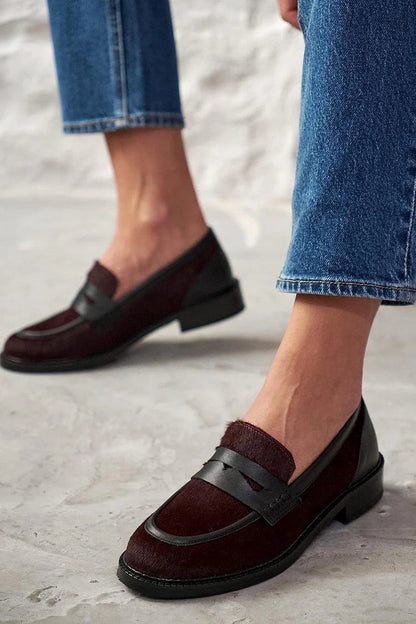 Patchwork Round Toe Low Block Heel Burgundy Loafers [Pre Order]