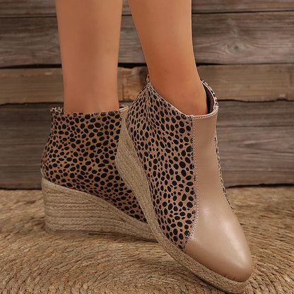 Leopard Print Patchwork Quilted Pointy Toe Wedge Espadrille Ankle Boots