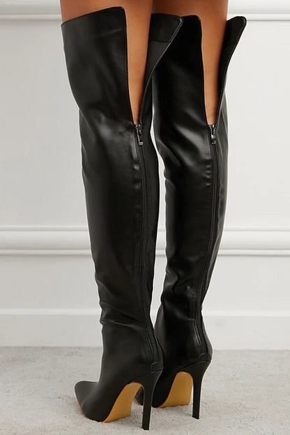 Solid Color Zipper Pointed Toe Stiletto Heel Over The Knee Boots