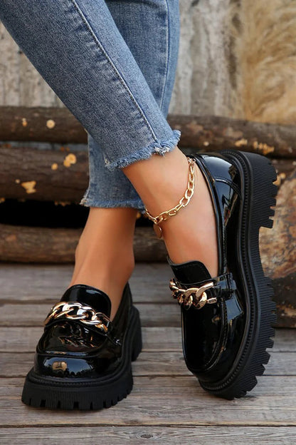 Metal Chain Decor Round Toe Chunky Heel Casual Loafers