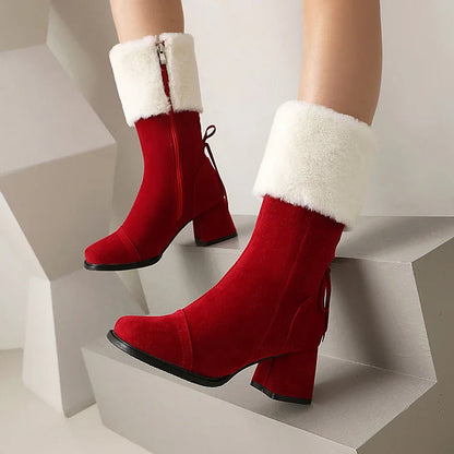 Christmas Colorblock Fluffy Trim Lace Up Square Toe Chunky Heel Mid Boots