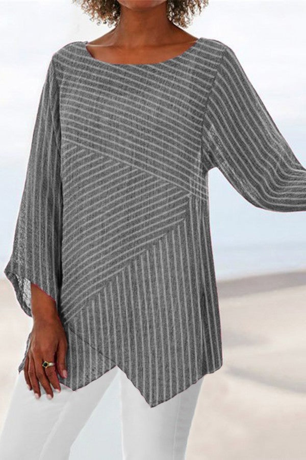 Stripe Print Crew Neck Long Sleeves Blouse