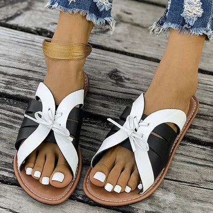 Black And White Colorblock Lace Up Seam Hollowed Out Slippers