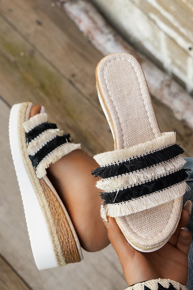 Tassels Trim Striped Espadrille Platform Wedge Outdoor Slippers