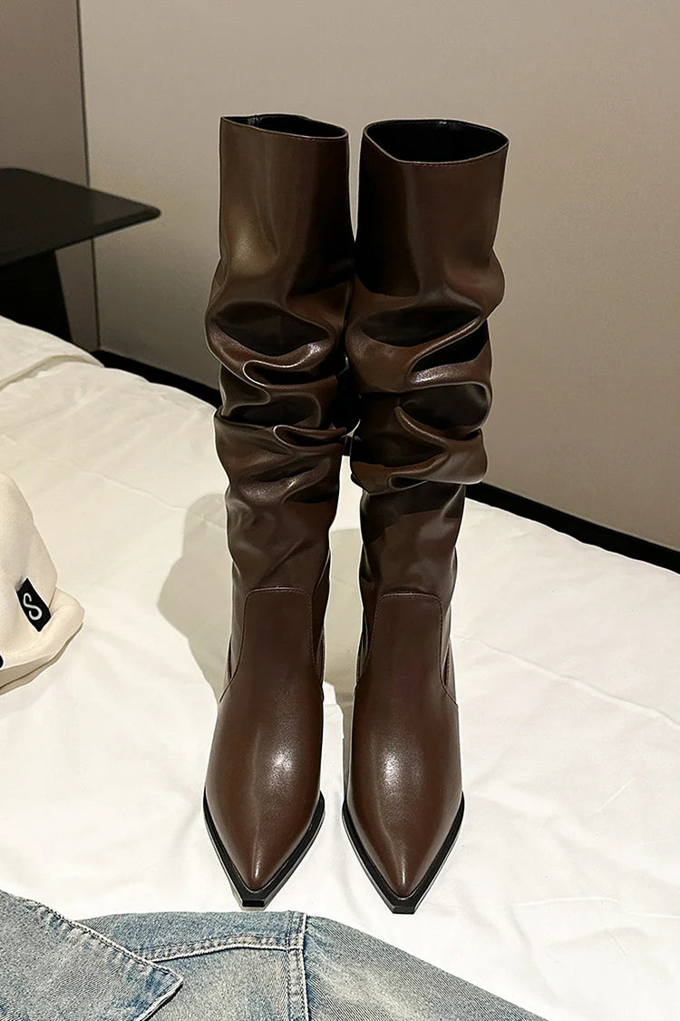 Pointed Toe Solid Color Patchwork Stiletto Heel Knee High Boots