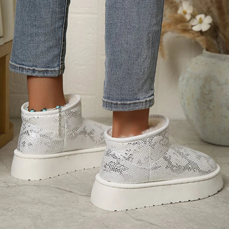 Snake Print Round Toe Faux Fur Lined Low Platform Snow Boots