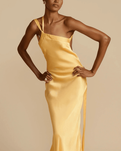 Elastic Waist Satin Drape Yellow Maxi Dress