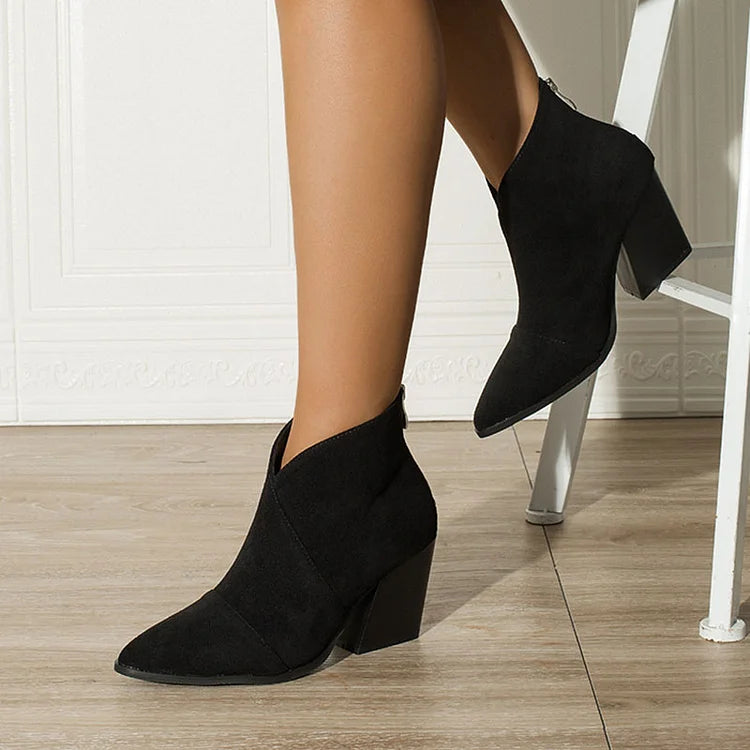 V Cut Pointed Toe Chunky Heels Plain Ankle Boots