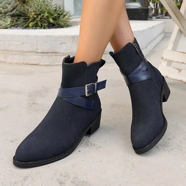 Patchwork Crossover Strap Buckle Pointed Toe Chunky Heel Mid Boots