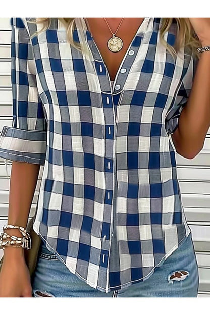 Cotton Plaid Shirt Collar 3/4 Sleeve Comfy Blouse