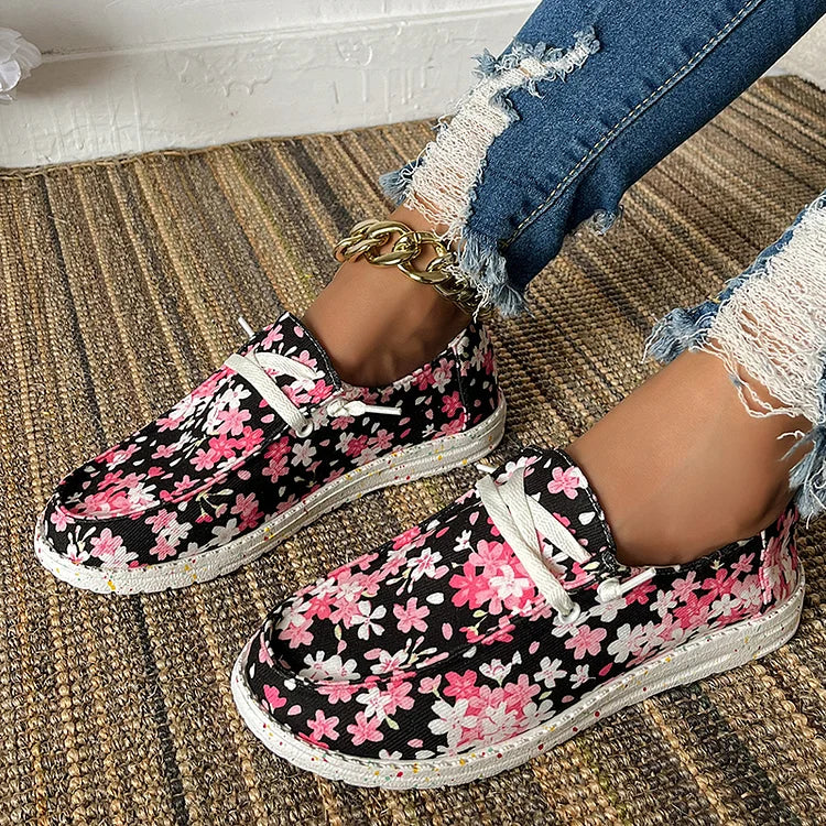 Colorblock Floral Print Round Toe Lace Up Canvas Sneakers