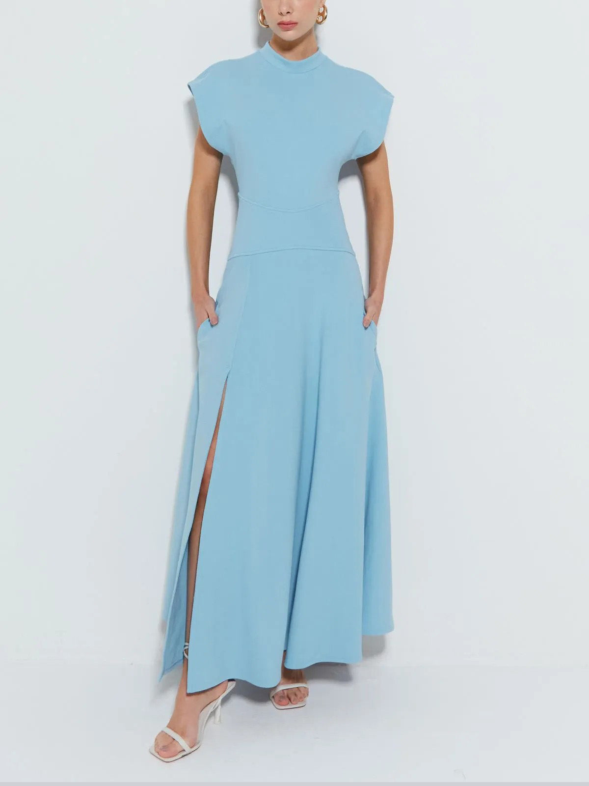 Modern Crew Neck Slit Wide Cuffs Maxi Dress