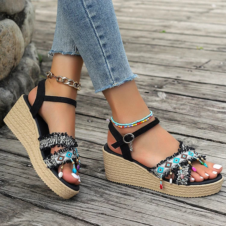 Ethnic Pattern Beaded Pendant Hanging Fringe Ankle Strap Wedge Sandals