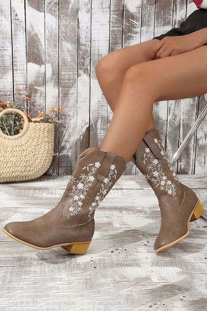 Floral Embroidery Patchwork Round Toe Mid Calf Boots