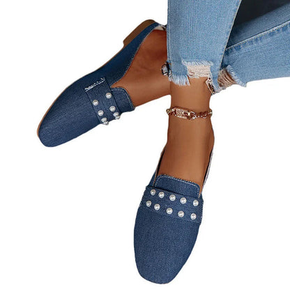 Pearl Beads Decor Solid Color Square Toe Canvas Mules