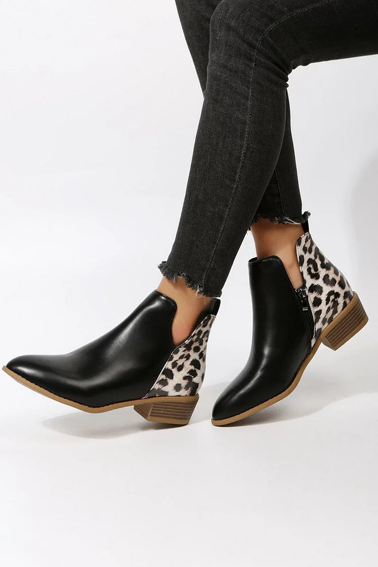 Leopard Print Patchwork Pointed Toe Zipper Ankle Boots