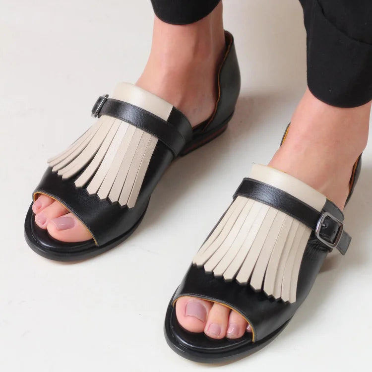 Contrast Color Fringe Open Round Toe Slip-On Sandals