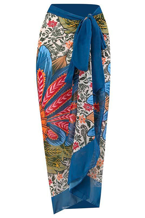 V Neck Bow Shoulder One-piece Swimwear and Wrap Cover Up Skirt Printed Set