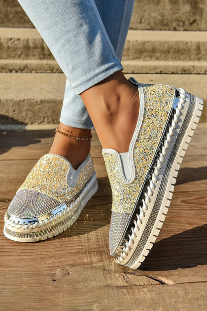 Rhinestone Decor Glittering Stitch Detail Round Toe Loafers