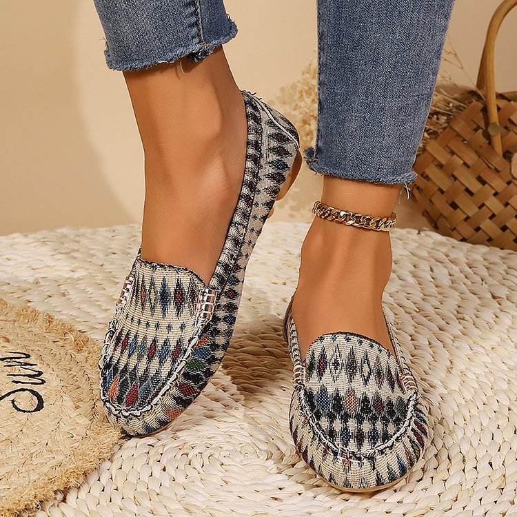 Multicolor Geometric Pattern Stitch Detail Round Toe Flats