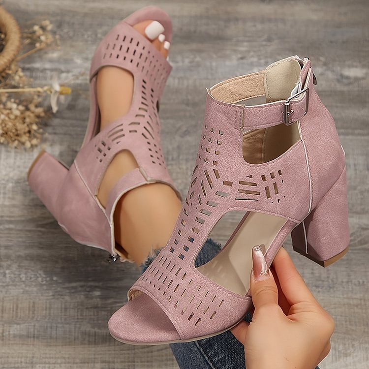 Hollow Out Ankle Strap Peep Toe Buckle Plain Chunky Heels