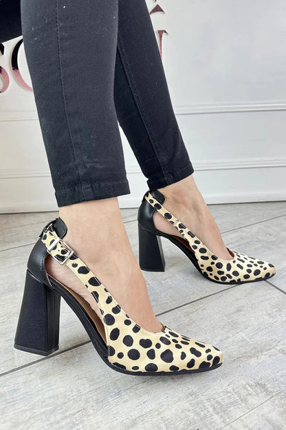 Leopard Print Cutout Pointed Toe Beige Chunky Heels [Pre Order]