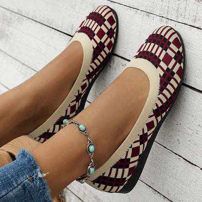 Color Matching Geo Plaid Print Round Toe Slip On Casual Lightweight Flats