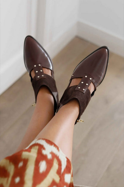 Patchwork Metallic Studded Pointed Toe Dark Brown Ankle Boots