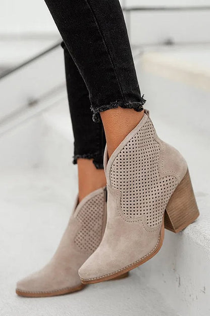 Hollow Out Solid Color Pointed Toe Taupe Ankle Boots [Pre Order]