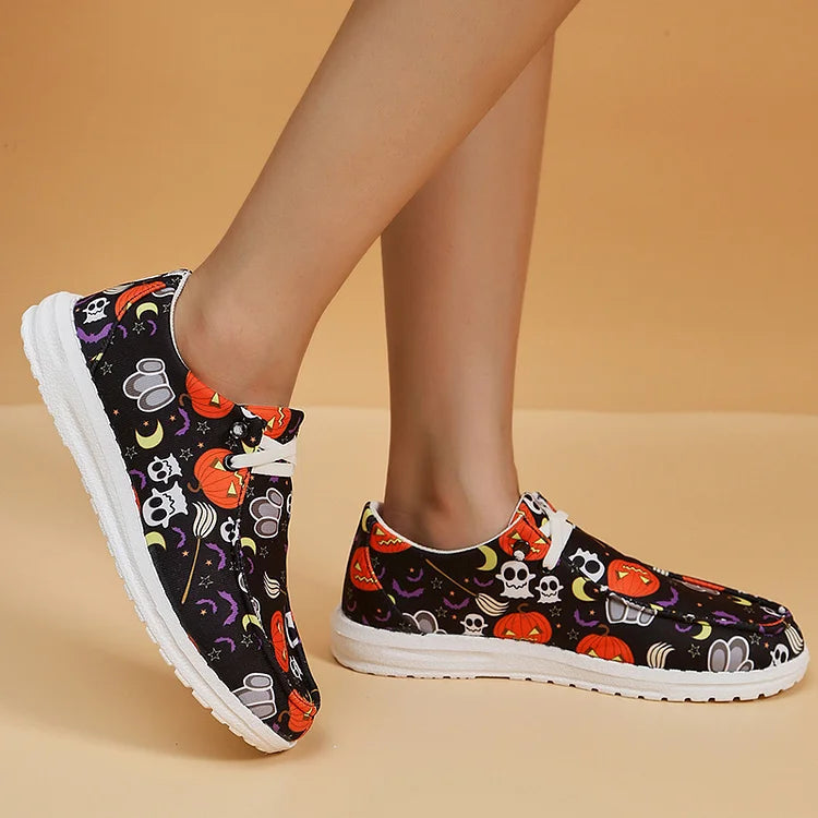 Halloween Element Pumpkin Ghost Skull Print Lace Up Canvas Casual Shoes