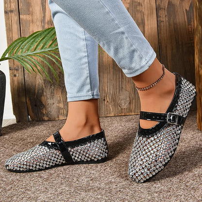 Hollow Out Rhinestone Decor Instep Strap Buckle Round Toe Flats