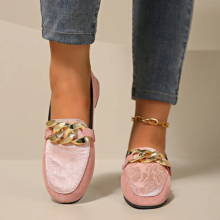 Floral Jacquard Patchwork Metal Chain Decor Round Toe Loafers