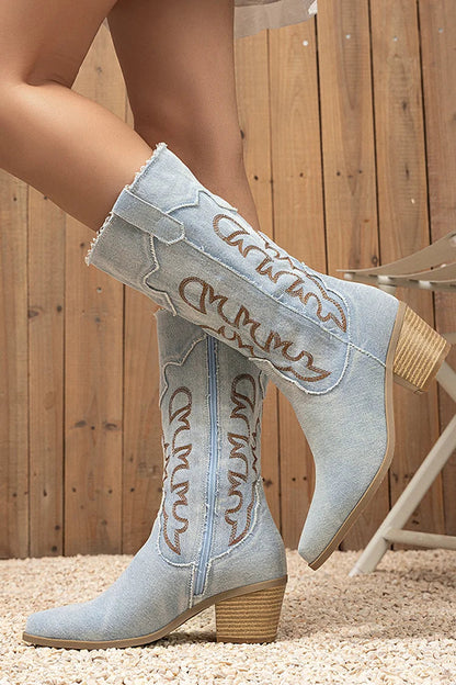 Patchwork Pointed Toe Zipper Embroidery Chunky Heel Denim Mid Calf Boots