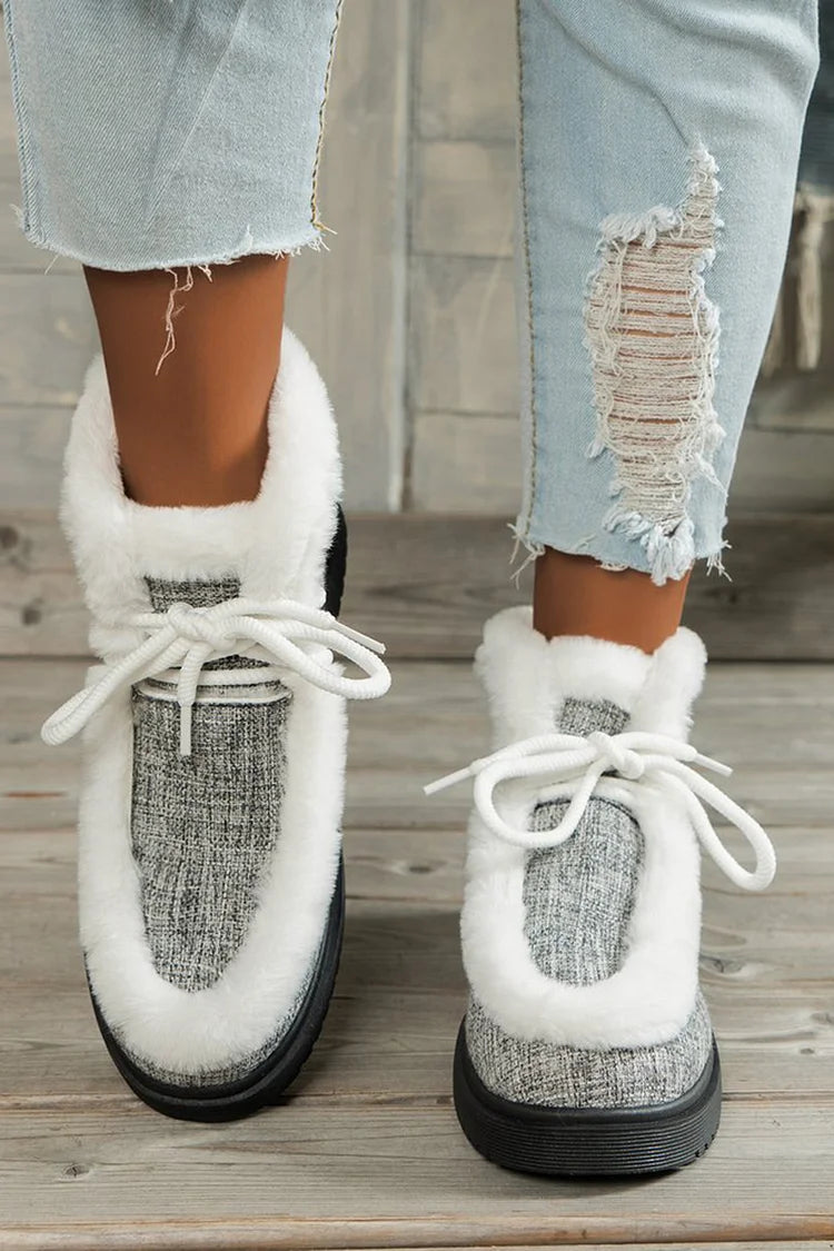 Patchwork Fluffy Trim Round Toe Lace Up Snow Boots