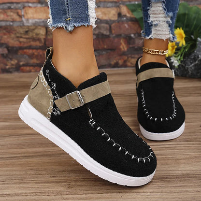 Colorblock Stitch Detail Patchwork Strap Buckle Round Toe Snow Boots